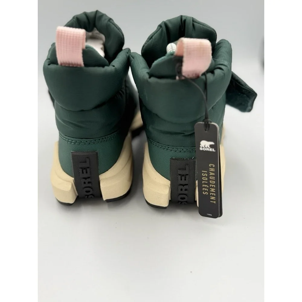 Sorel Ona Remix Puffy Strap Boots Women Size 7 Green Faux Fur Lined Comfort NWT